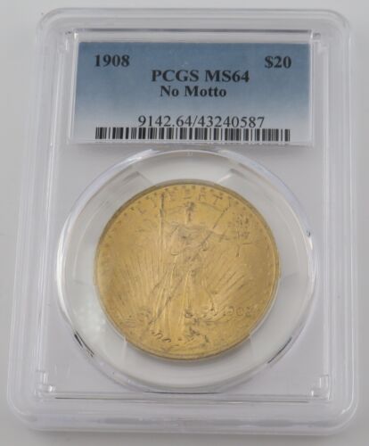 1908 No Motto $20 Saint Gaudens Double Eagle Gold Coin - PCGS MS64 - 43240587 - Afbeelding 1 van 10