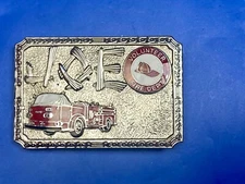 JOE - vintage hook-fast Volunteer Fire Department belt buckle - Red Truck & Hat