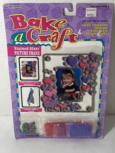 Vintage 1994 Bake A Craft Stained Glass Kit Heart Picture Frame Pink Purple NOS