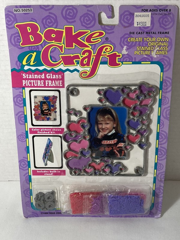 Vintage 1994 Bake A Craft Stained Glass Kit Heart Picture Frame Pink Purple NOS