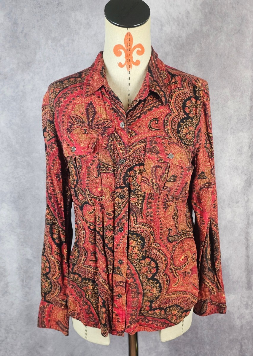 Lucky Brand Women M Button Down Shirt Top Rayon Ethnic Floral Red