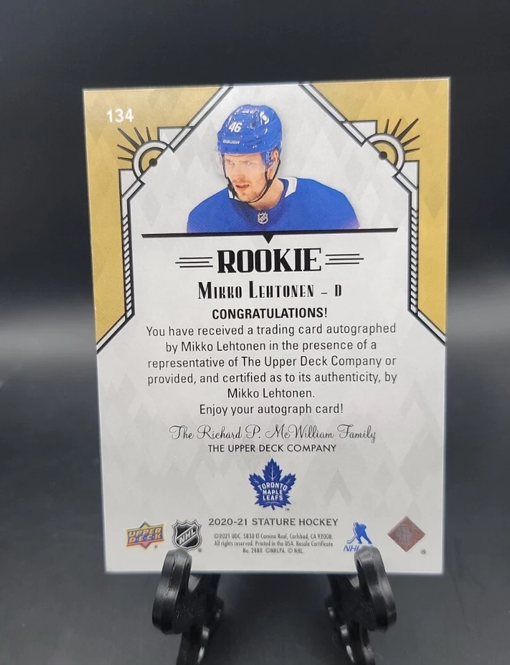 2020-21 Upper Deck Stature Mikko Lehtonen Rookie Blue auto 14/15 SSP Maple Leafs - Image 2 of 2