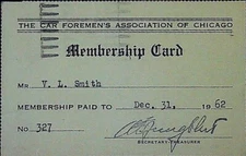 Car Foremen's Association of Chicago Membership Card Pass Badge Railroad 1962