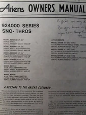 Ariens Walk-Behind 924000 ser Snow Thrower Sno-Thro Owner & Parts Manual 924052