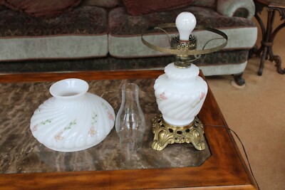 Gone With The Wind Hurricane Milk Glass Swirl Floral Design Table Lamp 3-Way