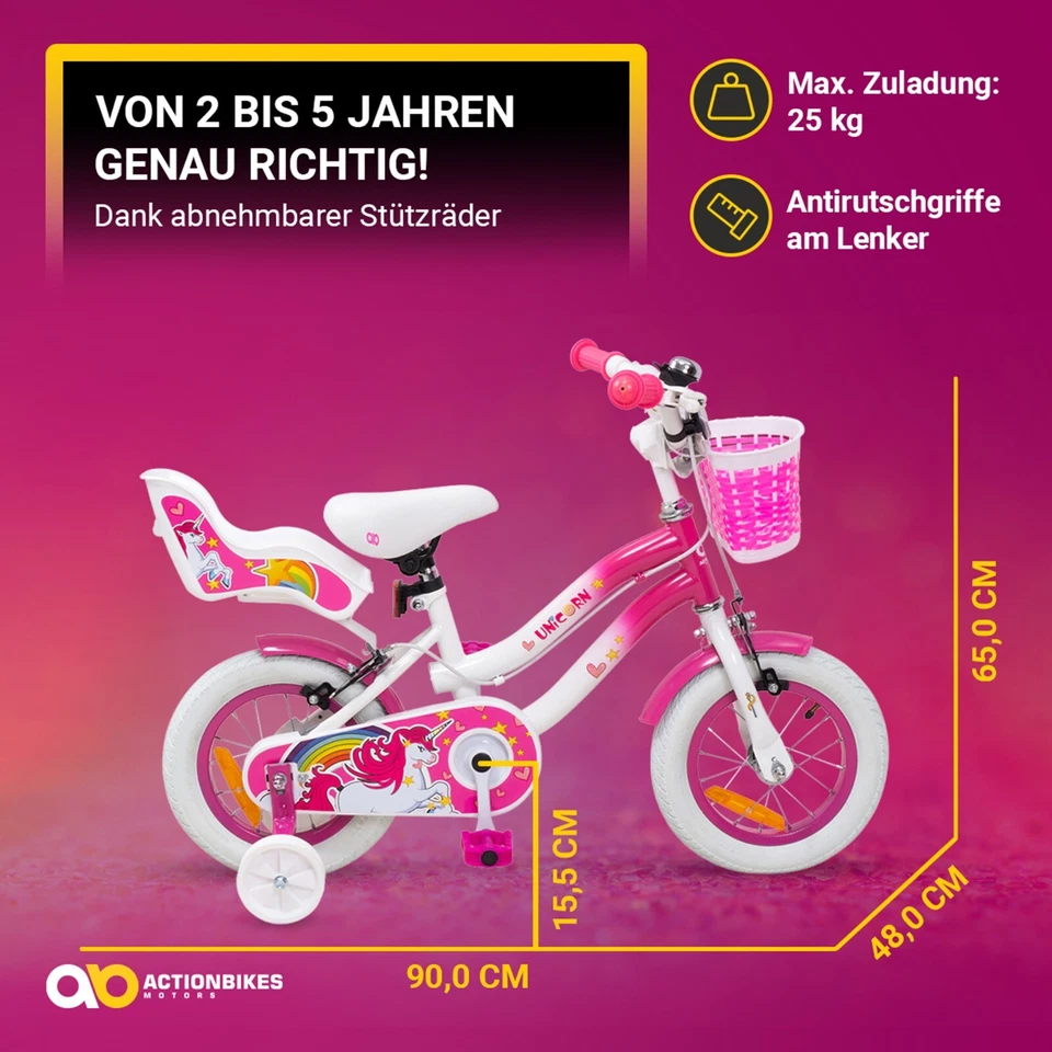 Kinderfahrrad Unicorn 12 Zoll Kinder Mädchen Einhorn Fahrrad mit Stützräder pink - Bild 3 von 4