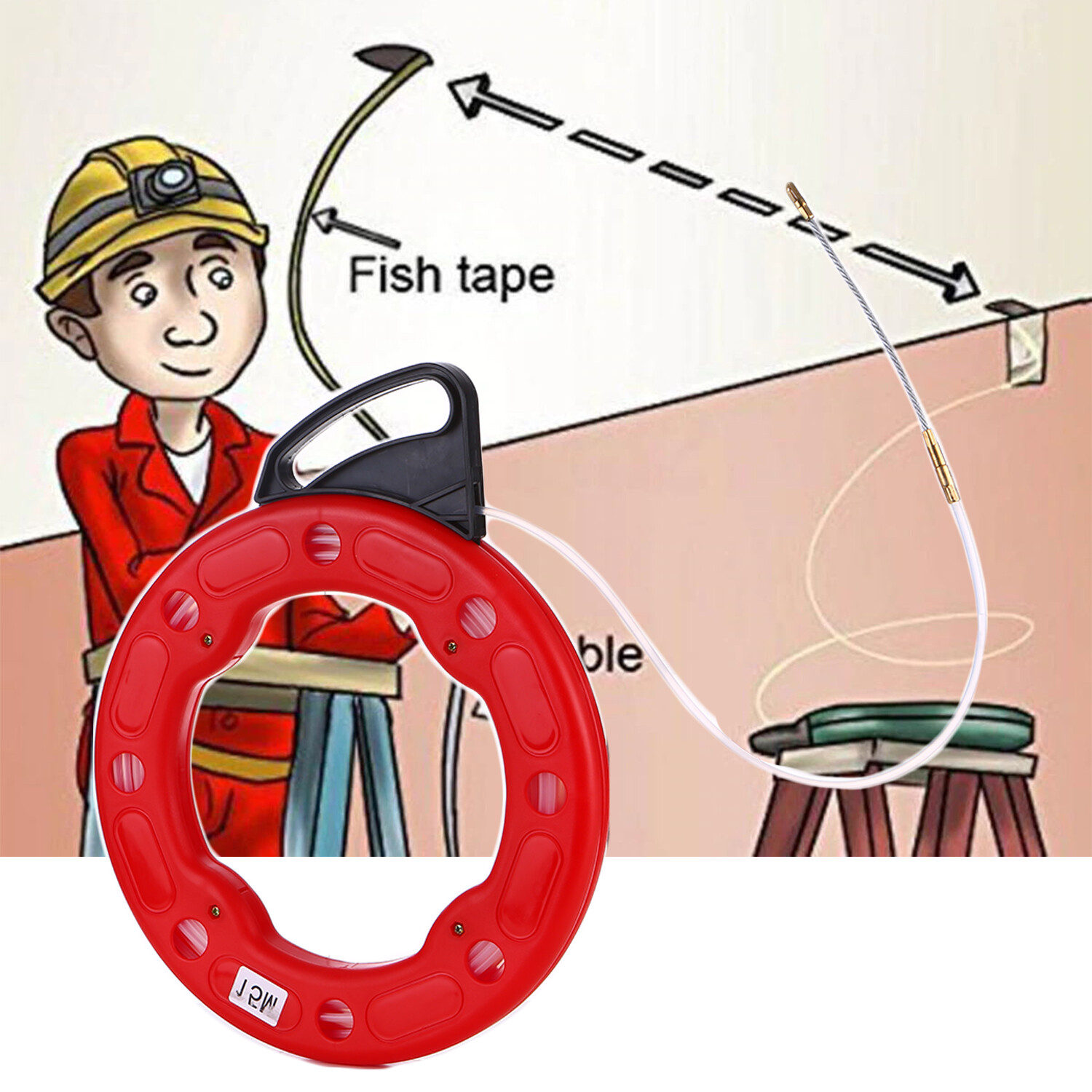 15M Fiberglass Fish Tape Reel Puller Conductive Electrical Cable Puller