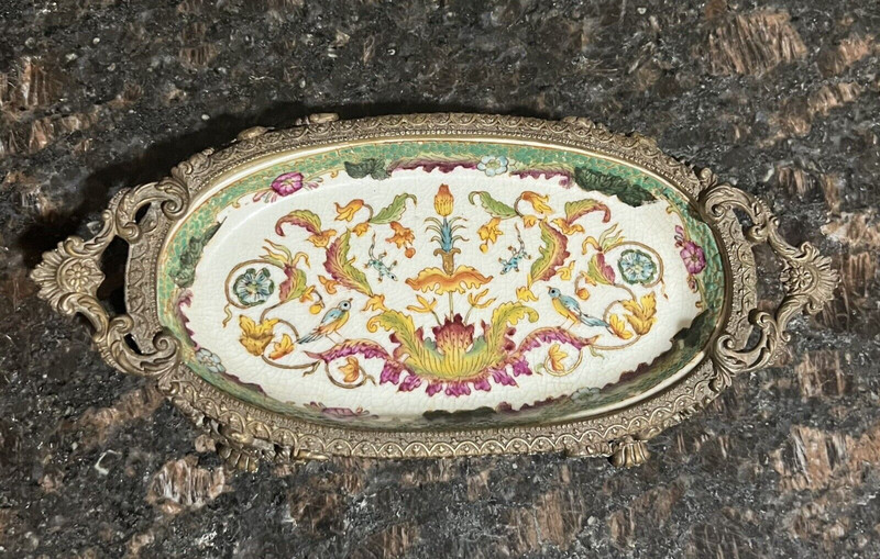 Vintage Asian Lizard/Bird/ Floral Bronze Footed Porcelain Trinket Tray/Soap Dish