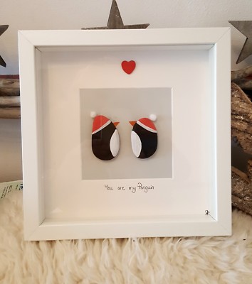 Penguin love Christmas hat Personalised Pebble Art Frame