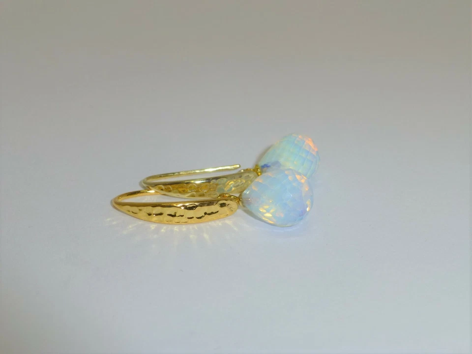 Ohrringe Ohrhänger Silber 925 Gold Opalith Tropfen facettiert Milchweiß  - Bild 3 von 4