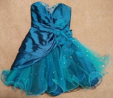 Morilee Teal Short Sweetheart Prom Dress Formal Side Swept Floral Tulle Beads 