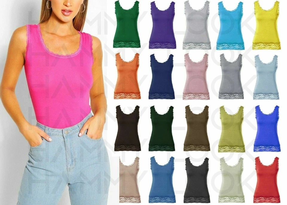 T.O.P. Plus Size Ladies Plain Camisole Vest Top Lace Trim Neck Cami Tank Strappy tops