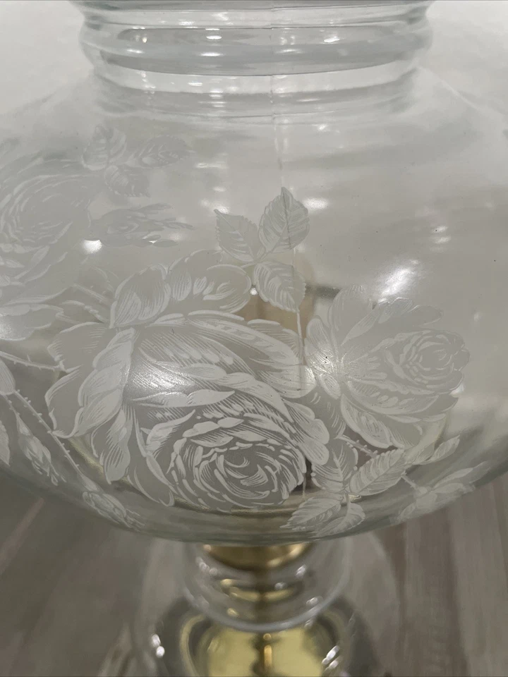 "Lámpara de vidrio transparente doble globo vintage Quoizel Hurricane GWTW flor grabada 21,5""" Foto 4 de 4