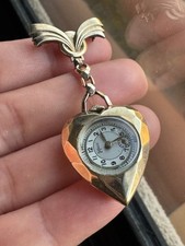 VINTAGE RUNNING GOLD FILLED Heart Shape MANUAL WIND LADIES WATCH BROOCH