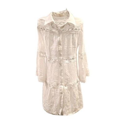 Elan White Crochet Lace Tunic Dress Cover Up Button Front Bell Sleeve Size S