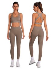 Workout Set for women 2 Piece Light Brown Work Out Sets, High-Waisted Tummy C...