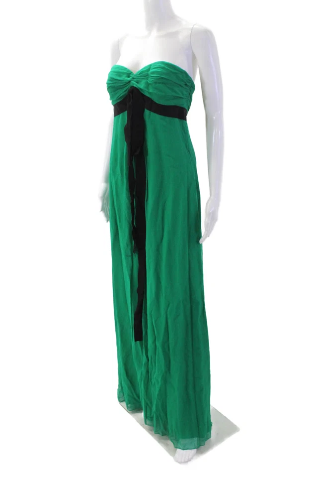 Maxi Vestido Jay Godfrey Mujer Sin Mangas Verde Mezcla Seda Corbata Cintura Talla S Foto 2 de 4