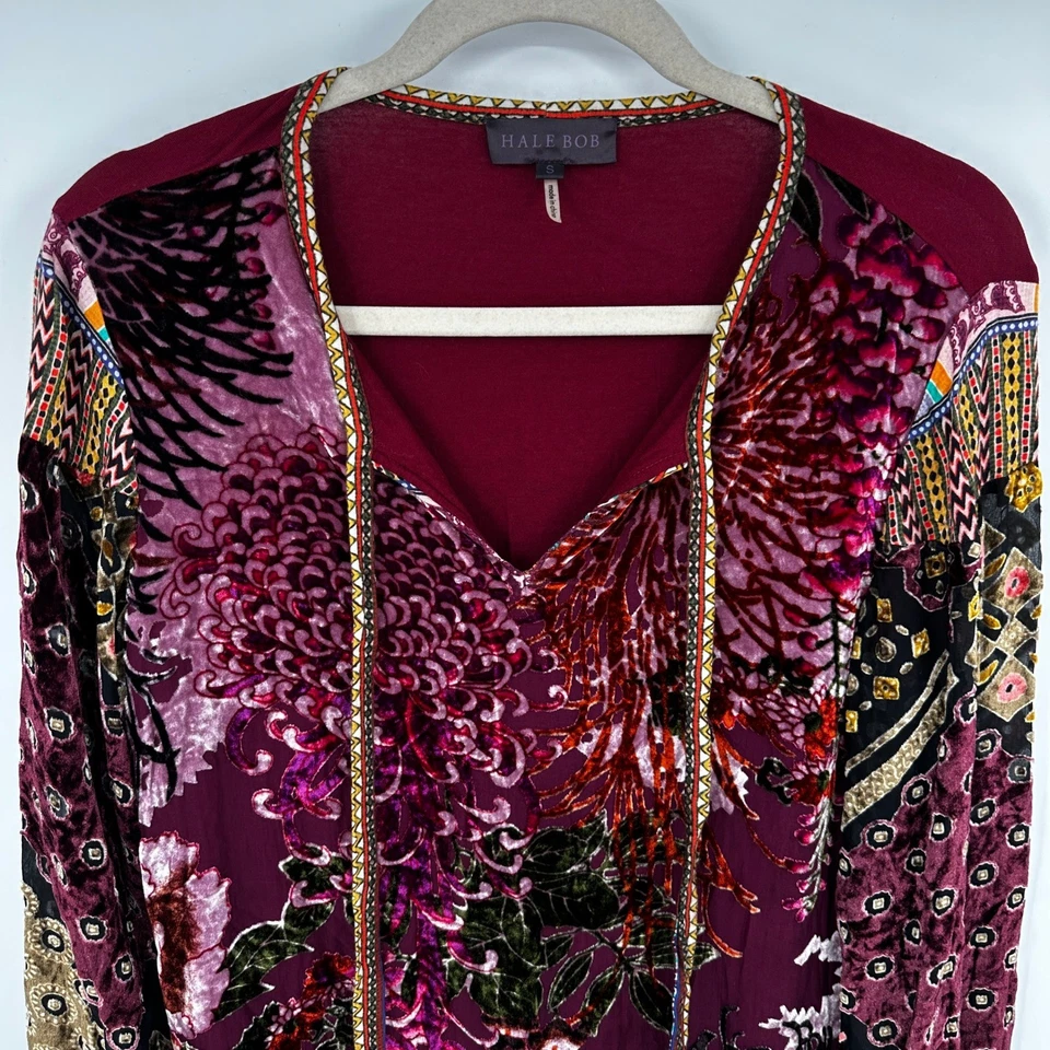 Top manga larga HALE BOB terciopelo Burnout estampado floral borla cuello en V para mujer talla S Foto 2 de 4