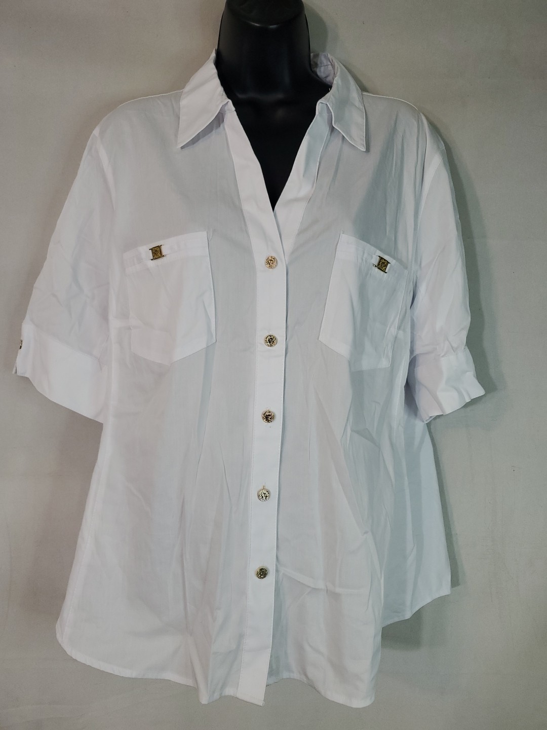 Anne Klein Women's Short Sleeve White Gold Botton Up Shirt Size XL