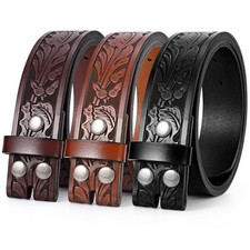 3 Pack Western Leather No Buckle Belts Waist 46"-50", Flower/Black Brown Coffee