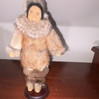Handsewn Eskimo Girl Figure Doll, Faux Fur Muskrat Parka, Wood Stand — photo 1