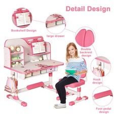 Height Adjustable Children School Study Table Chair Set with Bookshelf, Drawer