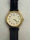 Seiko Gold Tone Quartz Watch Black Leather Band  White Dial vintage