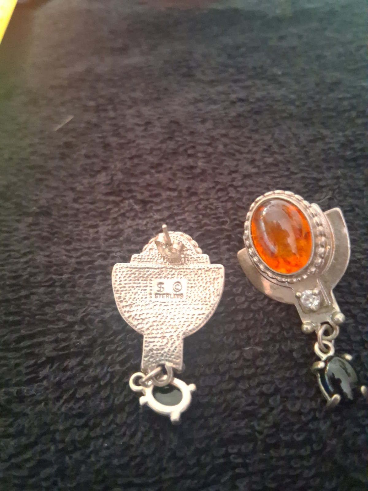 SC Sterling Silver Dangle Drop stud Earrings Ambe… - image 2