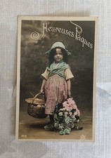 Carte Postale Ancienne Fantaisie Heureuses P�ques Fille Paniers d'Oeufs Fleurs