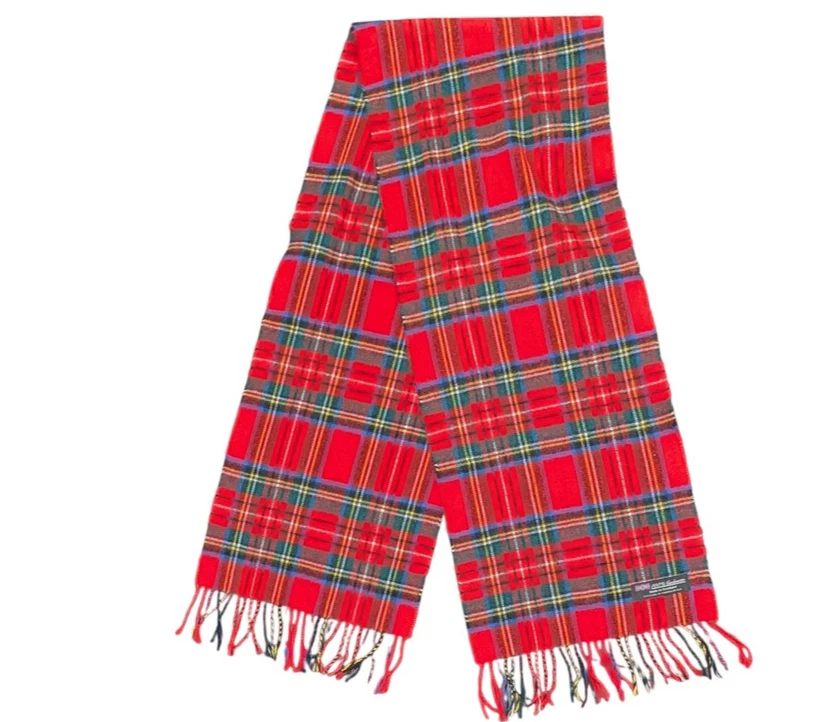 Scarf Womens Mens One Size Red Tartan Plaid 100% Cashmere Fringe Scotland 70"