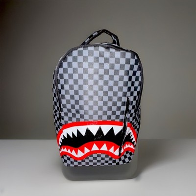 Sprayground Kids Checkered Shark Mouth Backpack Gray Black Red White Polyester