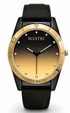MASTRI Quartz Dress Watch Black Leather Strap Gold Bezel Black/Gold Dial