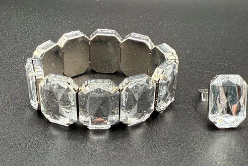 ✨ Vintage Costume Jewelry Bracelet & Ring Set – Clear Faceted Rhinestones ✨