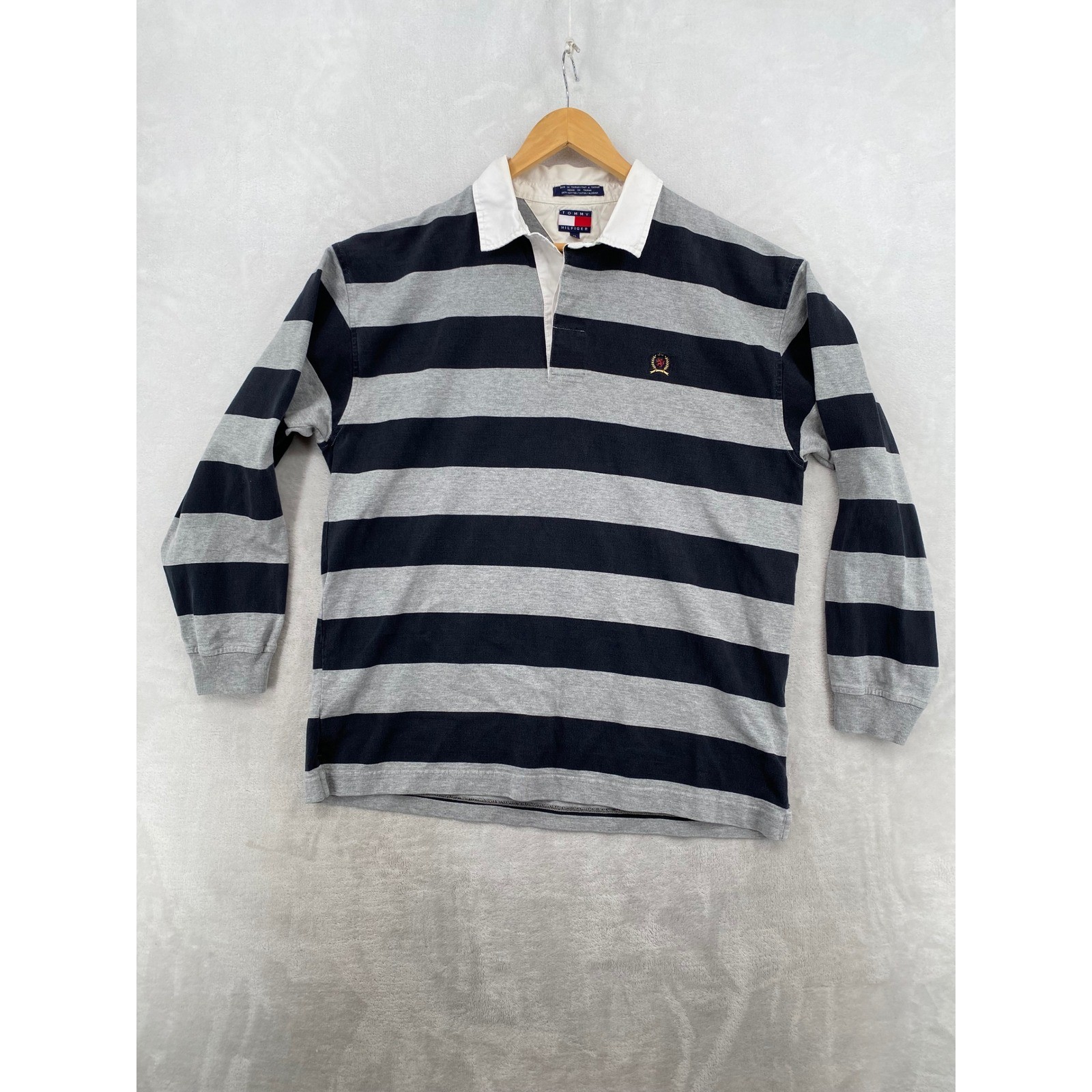 Tommy Hilfiger Rugby Shirt Mens XL Navy Grey Striped Long Sleeve Cotton Vintage