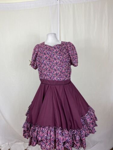 Square Dance Dress Burgundy Floral w Solid Contrast Ruffles Plus Size  - Picture 1 of 9