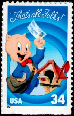 Mint PORKY PIG STAMP: That's All Folks! Looney Tunes, Cartoons, Stamp Collecting