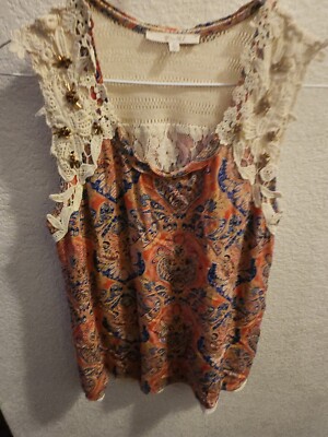Miss Me Xs Paisley  Layered Tank Lace Orange Blue