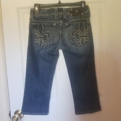Miss Me Medium Acid Wash Fleur De Lis Embroidered Pocket Cropped Jeans sz 26
