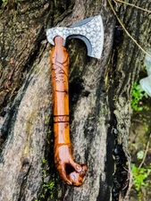Handcrafted Viking Style Axe Carved Wooden Handle & Etched Steel Blade with Skul