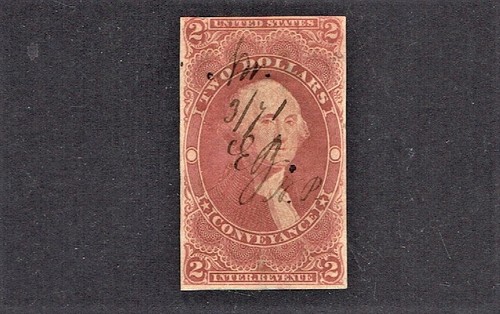 1862-71 U.S.First Issue Revenue $2 CONVEYANCE IMPERF Sc#R81a Pen Cancel - 第 1/1 張圖片