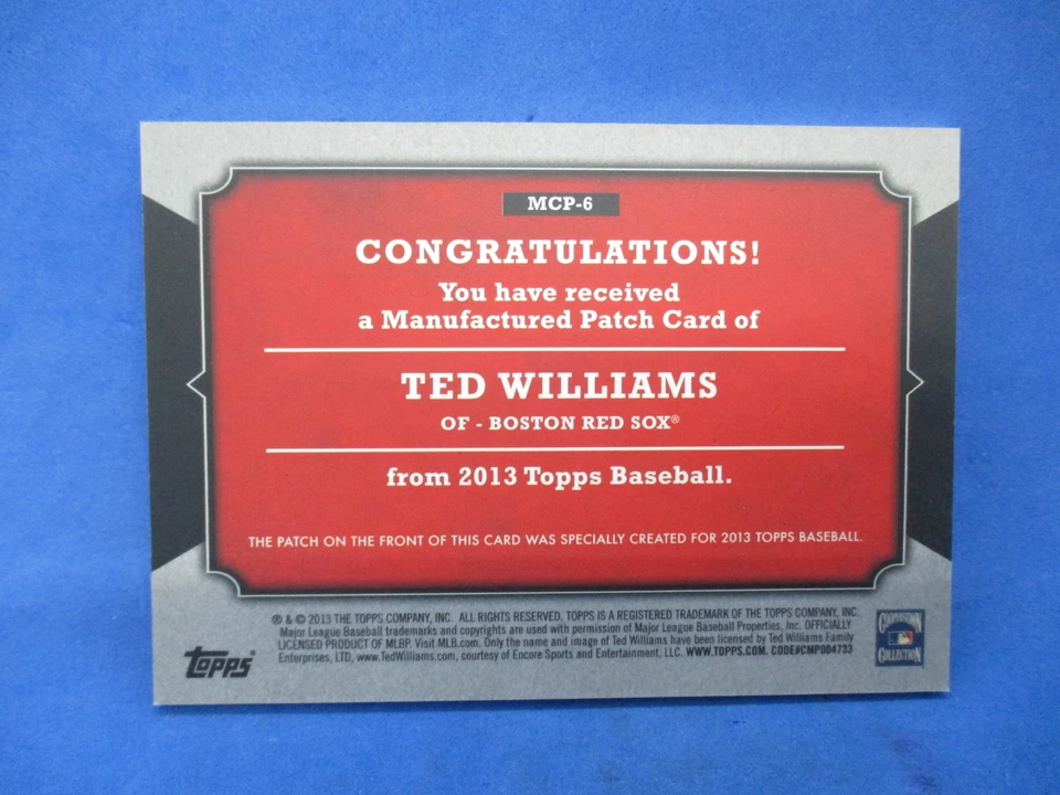 2013 TOPPS MFG'ED CARD PATCH TED WILLIAMS(HOF) #MCP-6 BOSTON RED SOX NM/MT - Image 2 of 2