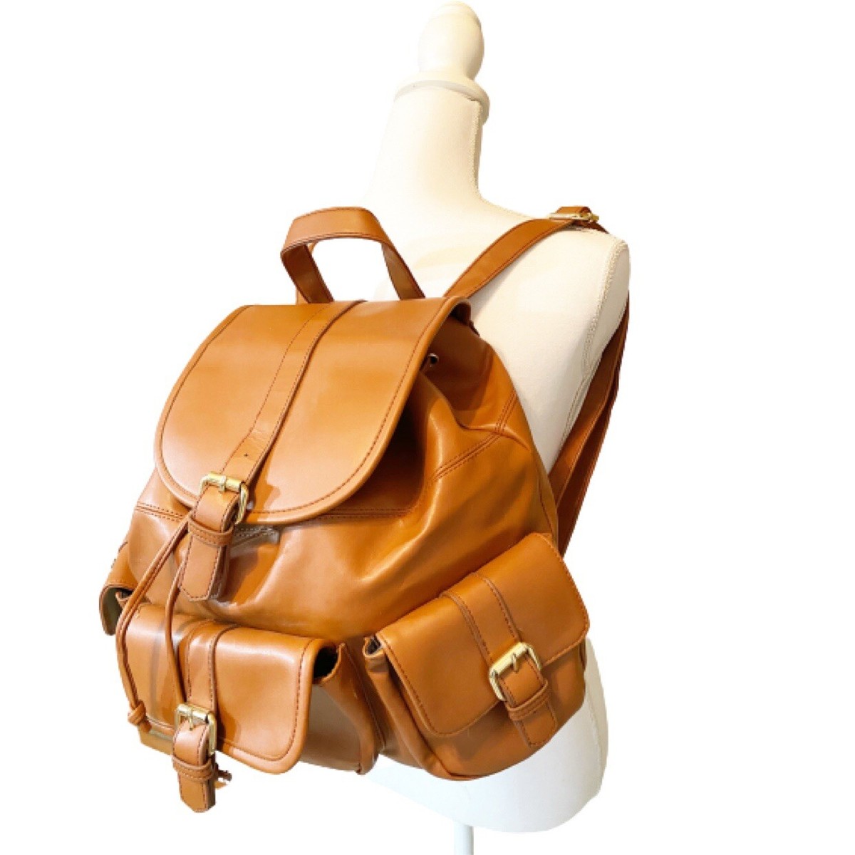 JustFab Cognac Faux Leather Backpack Gold Hardware Bolt Snap  display picture 2