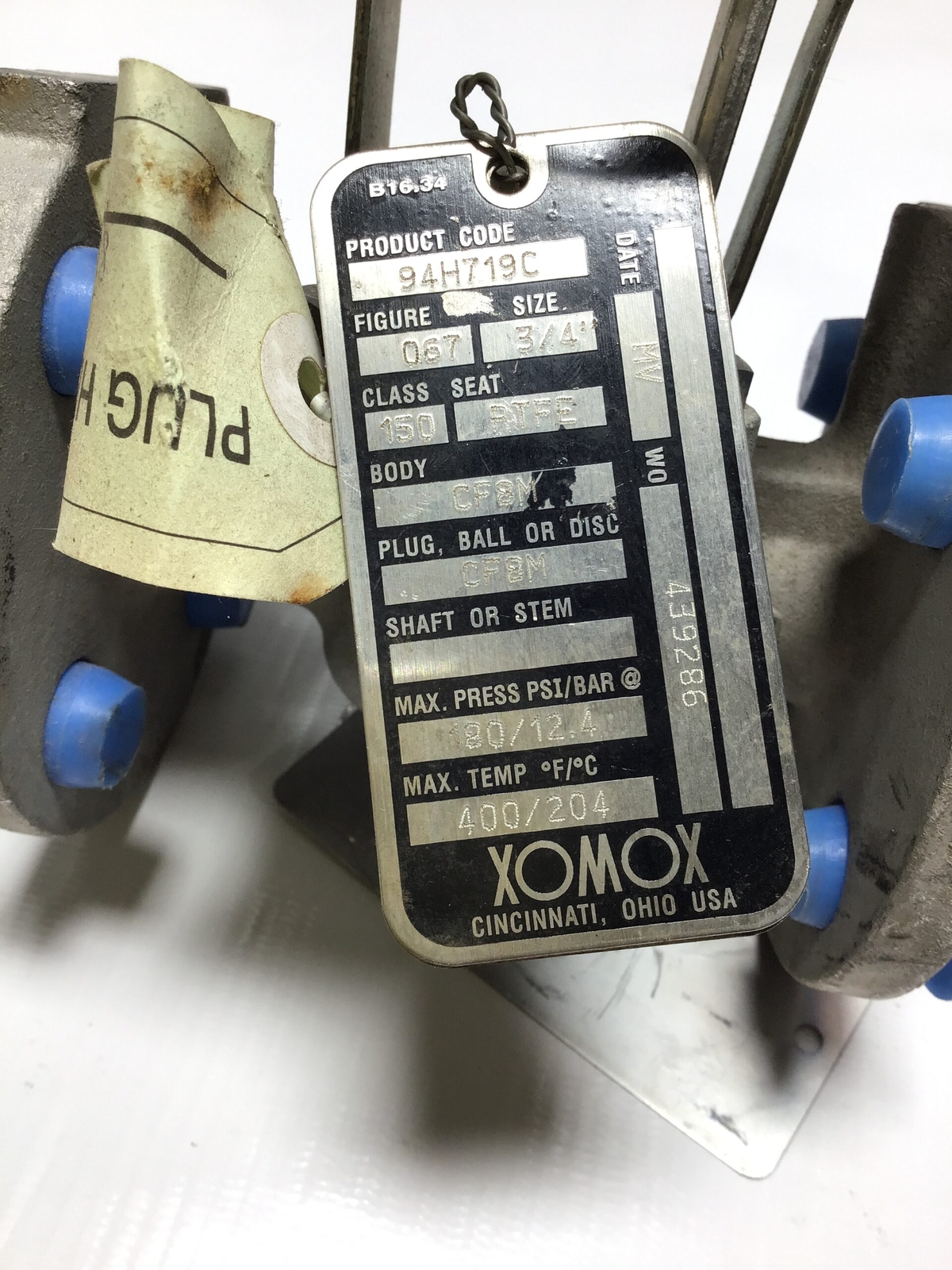 Xomox Tufline 94H719C Sleeved Plug Valve 3/4" Class #150 CF8M 180PSI Max Press