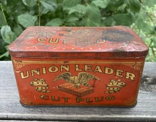 Vintage Union Leader Tin Cut Plug Smoke & Chew Tobacco Metal Advertising Hinged
