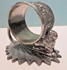 Antique Victorian Napkin Ring Resting Lion on Leaf Base with Fancy Ring