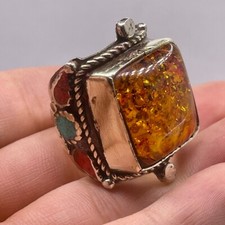 Antique Tibetan Butterscotch Baltic Amber Stunning Brass Unique Adjustable Ring