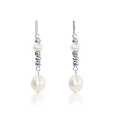 925 Solid Sterling Silver Natural White Freshwater Pearl Dangle Drop Earrings