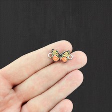 4 Orange Butterfly Connector Silver Tone Enamel Charms - E996