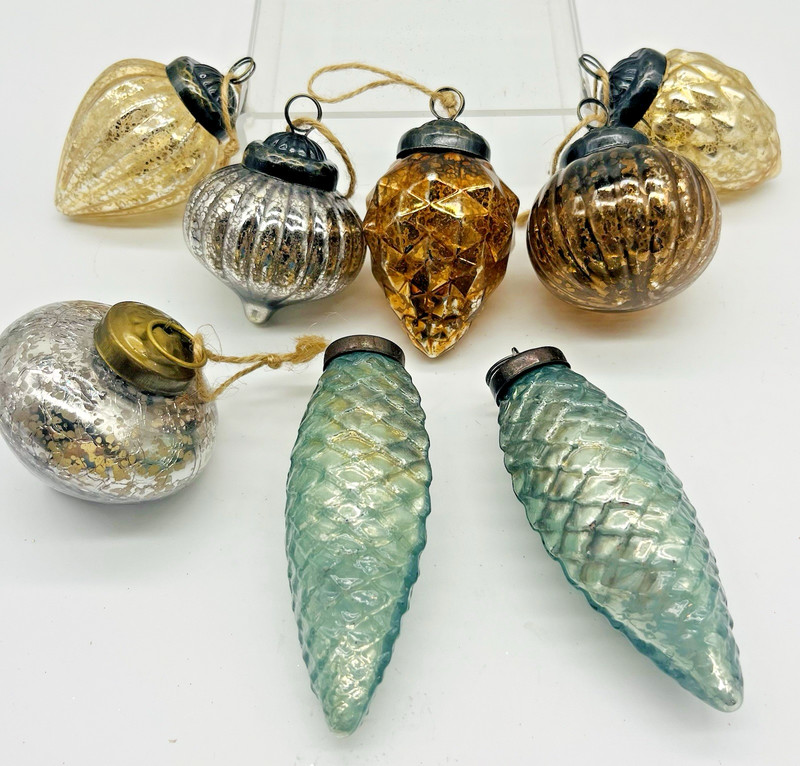 8 Kugel Style Glass Christmas Ornaments Pinecone Teardrop Mercury Silver Copper