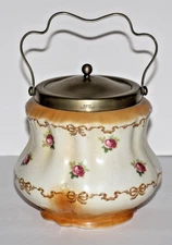 Vintage Ceramic Canister Cookie Biscuit Jar Flowers Silver Lid & Handle
